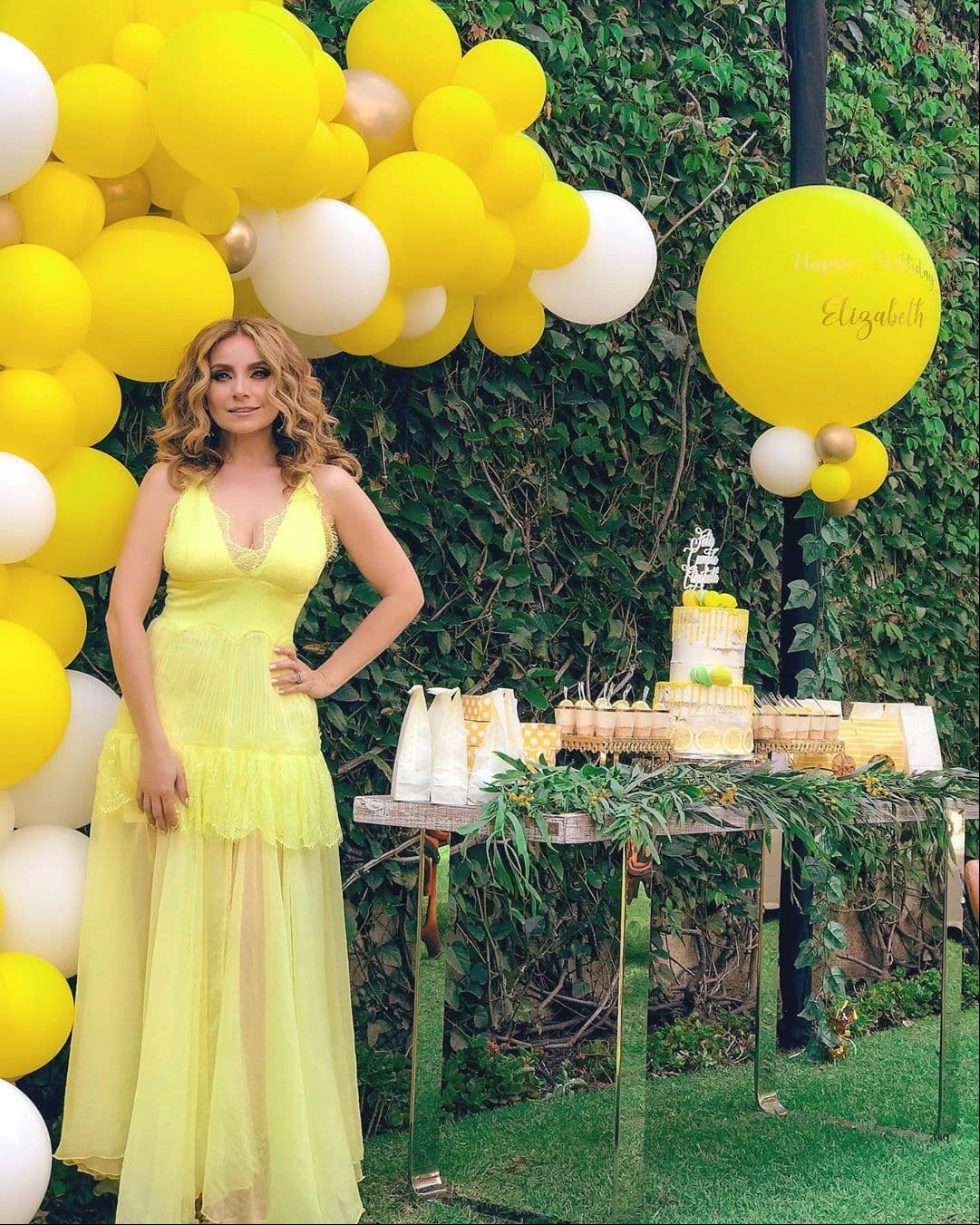 Elizabeth usó un vaporoso vestido con un discreto escote, que además combinó con su pastel y los bocadillos que se sirvieron en el festejo.