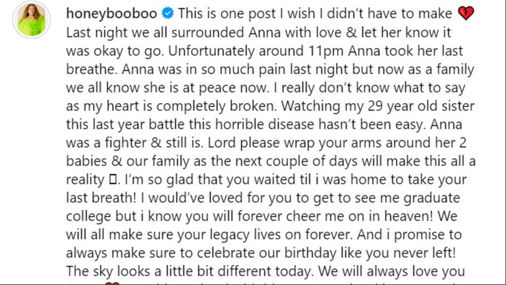 Alana 'Honey Boo Boo' Thompson también despidió así a su hermana Anna.