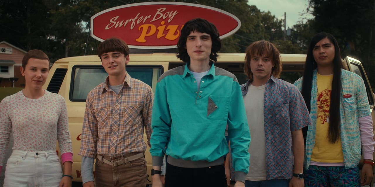 STRANGER THINGS. (L to R) Millie Bobby Brown as Eleven, Noah Schnapp as Will Byers, Finn Wolfhard as Mike Wheeler, Charlie Heaton as Jonathan Byers, and Eduardo Franco as Argyle in STRANGER THINGS. Cr. Courtesy of Netflix © 2022