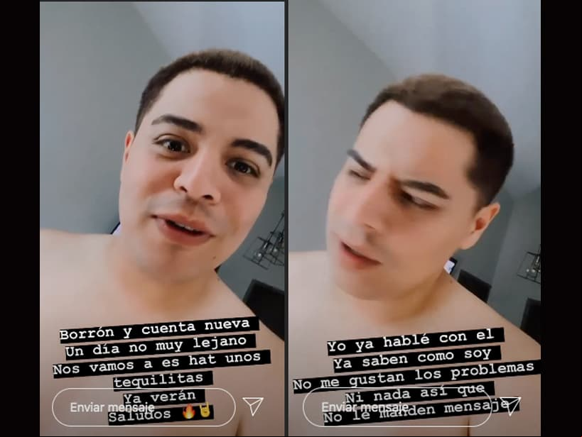 Posteriormente, Eduin explicó que ya había hablado con Nodal y que no existía ningún problema entre ellos, pidiéndole a sus seguidores que dejaran de enviar mensajes de odio contra el intérprete. “Si quiero pedirles un favor, no le manden mensajes ya, no le digan nada por favor. La neta, ustedes saben que no me gustan los problemas, no me gustan las broncas, entonces yo respeto su decisión, él ya habló conmigo y ya todo bien; ya no le manden mensajes y ya no me hagan memes. Un saludo a todos”, expresó.