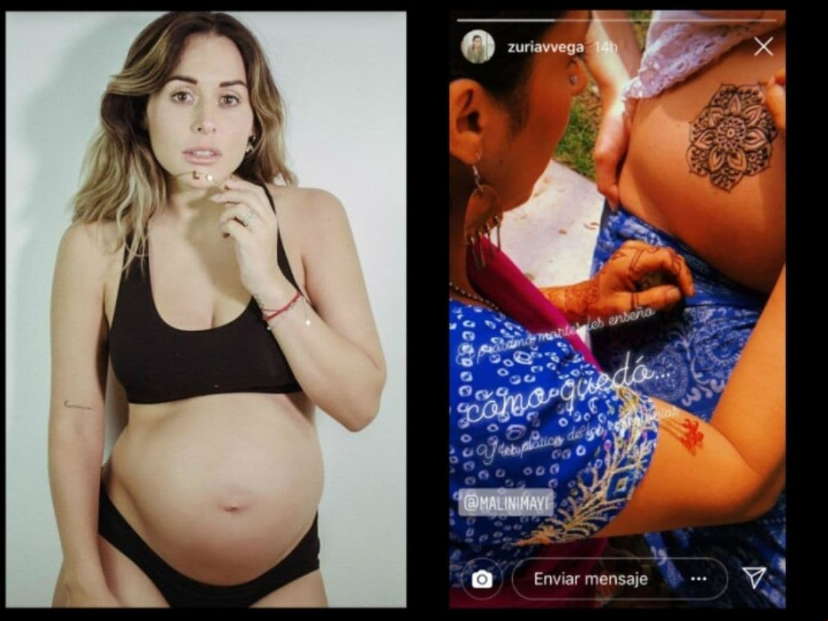 Zuria Vega también pintó un mandala en su vientre previo a la llegada de su segundo hijo. La artista Malinimayi fue la encargada de realizar el tatuaje de henna de la actriz, el cual se realizó durante su baby shower.