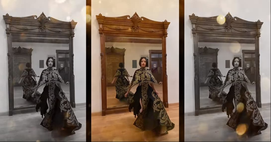 Su segundo cambio de ropa fue un conjunto azul con flores doradas, el cual usó con botas negras altas. “Está padrísimo, me encanta”, fueron las palabras de Ángela mientras daba vueltas con dicho vestido.