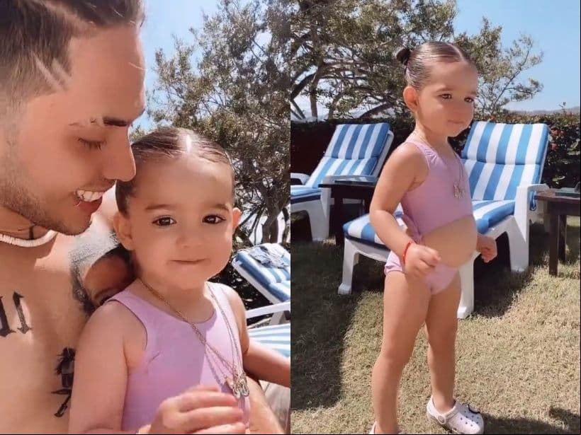 Su hija Kima también fue protagonista de estas imágenes y es que el cantante la mostró como toda una modelo infantil con su traje de baño lila.