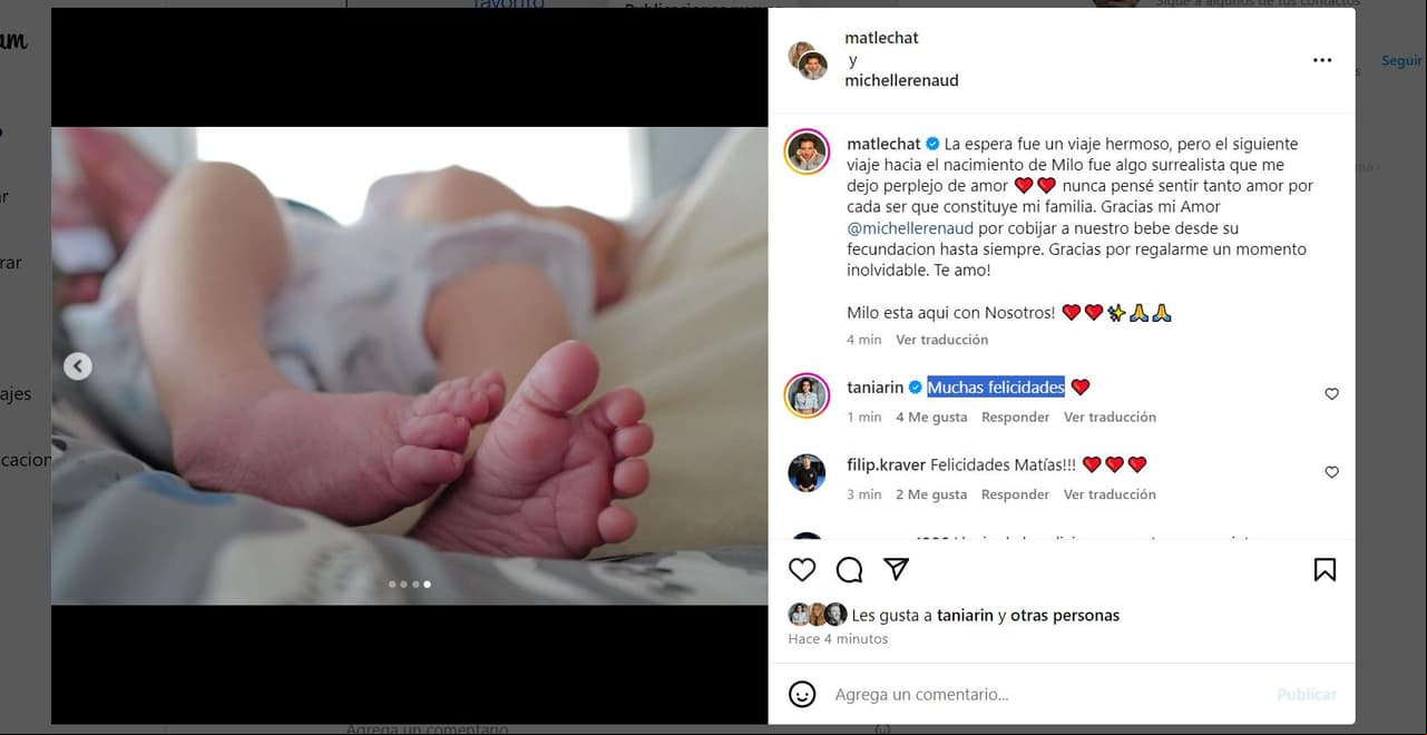 Nace bebé de Michelle Renaud y Matías Novoa.