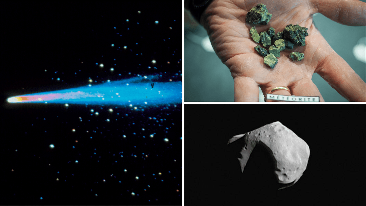 A la izquierda, el cometa Halley, del lado superior derecho, los restos de un meteorito y en la parte inferior derecha, un asteroide.