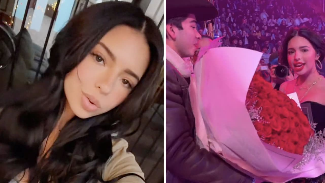 Hombre sorprende a Ángela Aguilar con más de 200 rosas en pleno concierto y ella reacciona