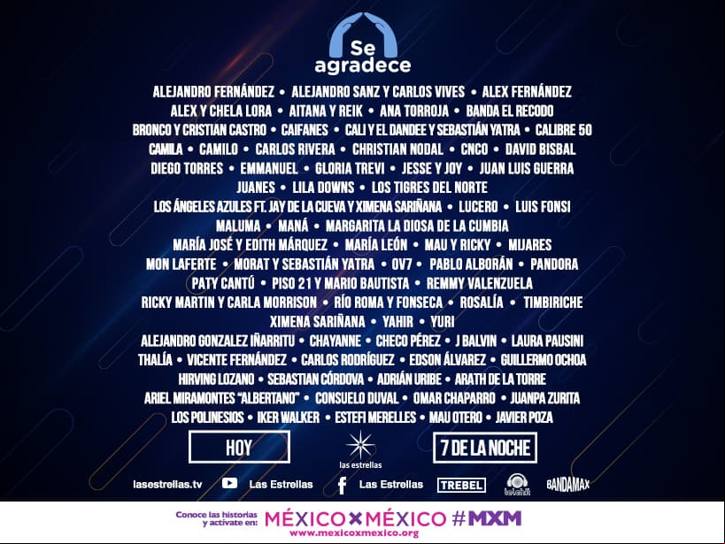 Atravesamos uno de los momentos más difíciles para los mexicanos, así que con el objetivo de homenajear a los héroes que luchan diariamente por ayudar a salvar vidas en esta pandemia, grandes exponentes de la música se reunirán HOY a las 7 de la noche en el concierto 'Se Agradece' por una sola causa: ¡levantar a México! 
<br>
<br>A continuación te presentamos a los famosos que se suman a esta causa.
