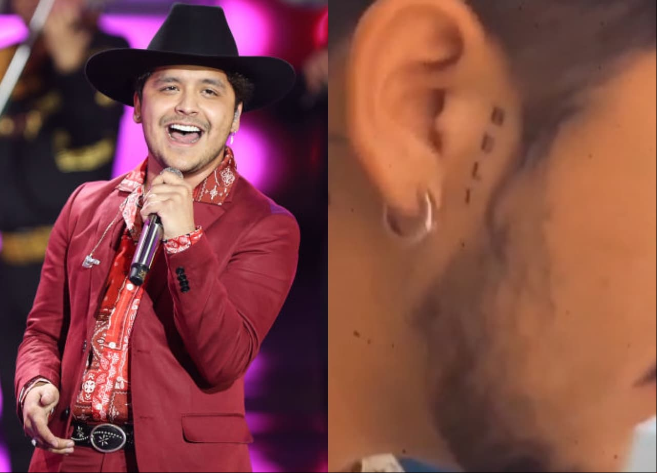 Christian Nodal tiene en su piel a Belinda en tres partes de su cuerpo, en su rostro cerca de la oreja se tatuó la palabra “BELI”, en el pecho se encuentran los ojos de la cantante y en su mano un arco de flecha y el número 4.