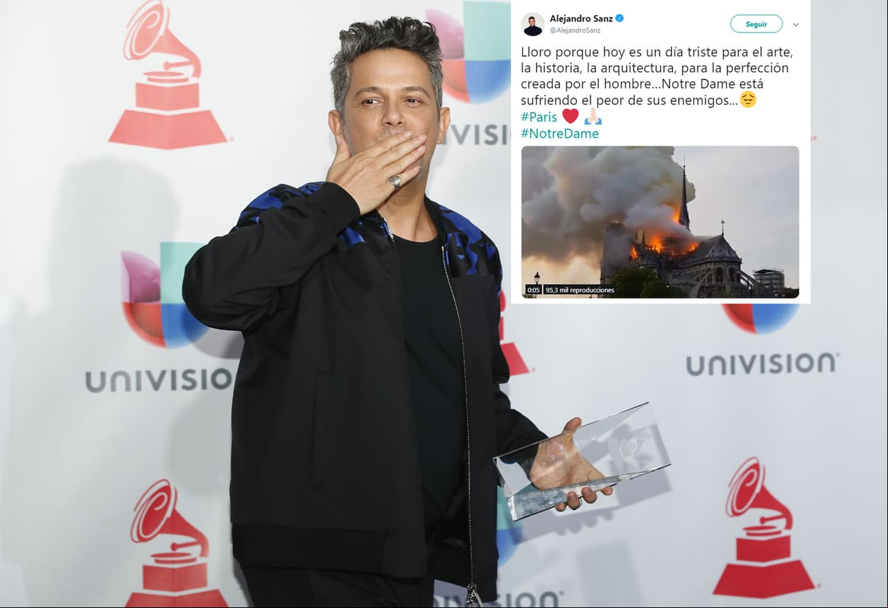 El cantante Alejandro Sanz fue uno de las primeras celebridades en reaccionar al tema al escribir en su Twitter: “Lloro porque hoy es un día triste para el arte, la historia, la arquitectura, para la perfección creada por el hombre… Notre Dame está sufriendo el peor de sus enemigos...”.