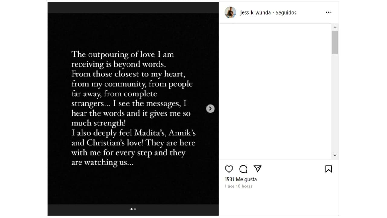 Jessica Klepser compartió este mensaje en Instagram tras el deceso de Christian Oliver y sus hijas.