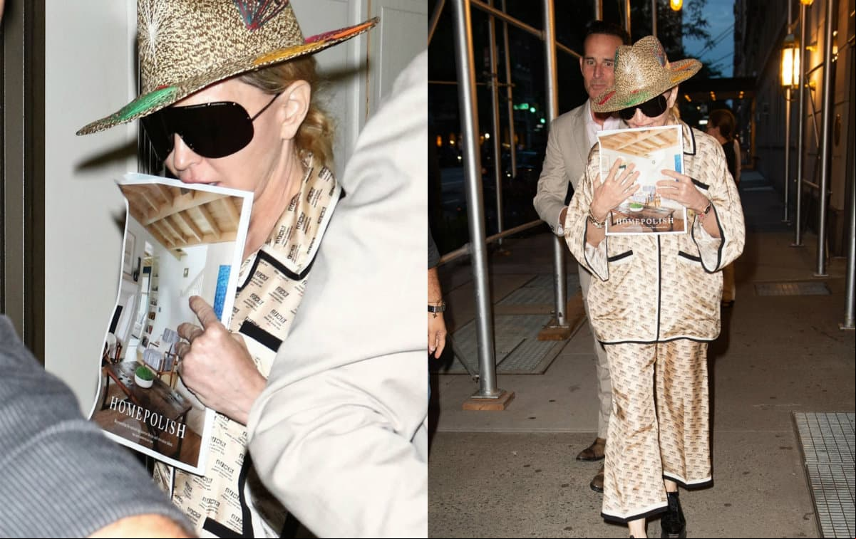 La cantante Madonna fue captada con un sombrero de leopardo, gafas oscuras y pijama de seda, en las calles de NY.