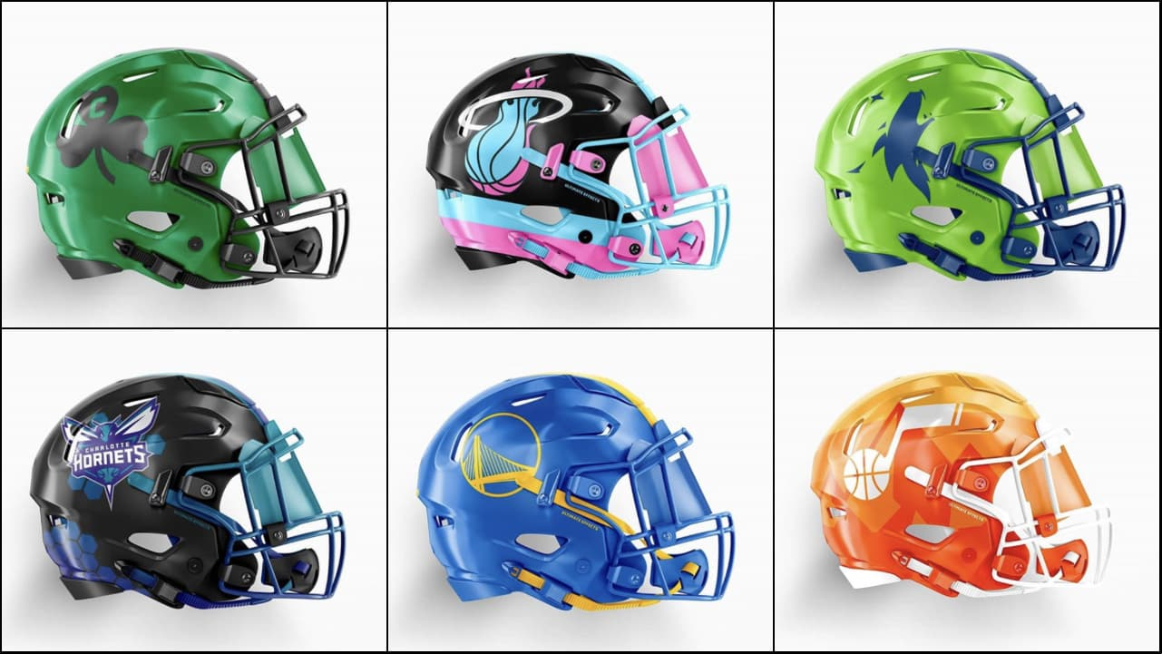 En un mundo paralelo, los equipos de la NBA visualizados en cascos de futbol americano no se verían nada mal