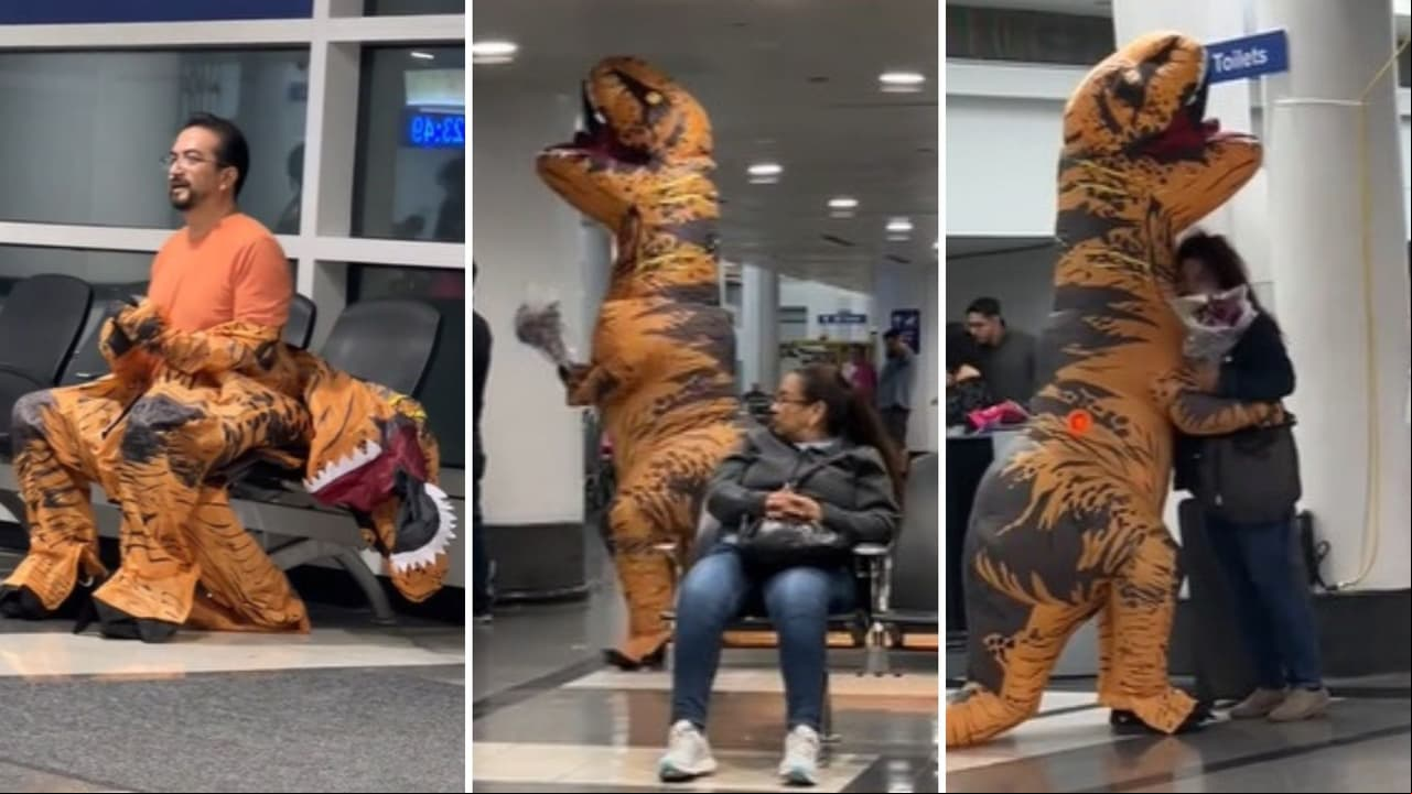 Hombre se pone traje de dinosaurio para recoger a su esposa en el aeropuerto y reacción se viraliza en TikTok