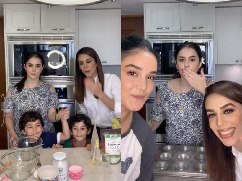 Biby Gaytán prepara muffins de plátano junto a sus hijas Ana Paula y Alejandra.