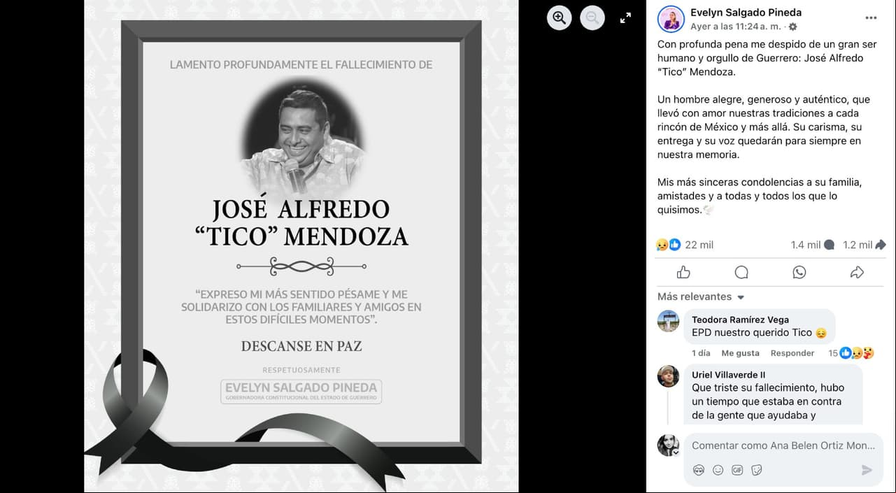 Evelyn Salgado, gobernadora de Guerrero, lamentó la muerte de "Tico" Mendoza.
