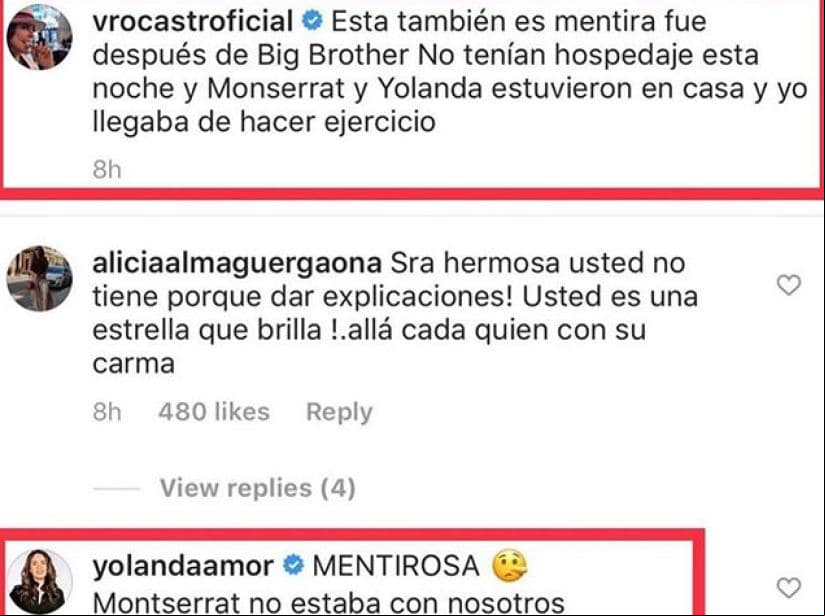 Más tarde, subió imágenes a su cuenta de Instagram, explicando aquellas supuestas fotografías en las que aparecía junto a Yolanda Andrade, tomando el sol. La intérprete de “Mala noche”, aseguró que era imágenes viejas y que simplemente le había dado hospedaje tanto a Yolanda como a Montserrat Oliver. En la imagen, Yolanda contestó: “Mentirosa, Montserrat no estaba con nosotros”.