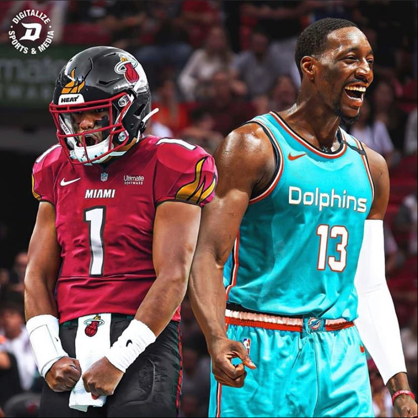 Tua Tagovailoa #1 por Miami Heat y Bam Adebayo #13 por Miami Dolphins.