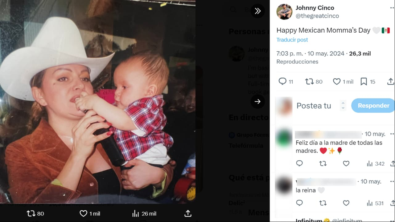 Johnny López, publicó este mensaje en X con motivo del Día de las Madres. En una de las fotos aparece cargado en brazos por su mamá Jenni Rivera.