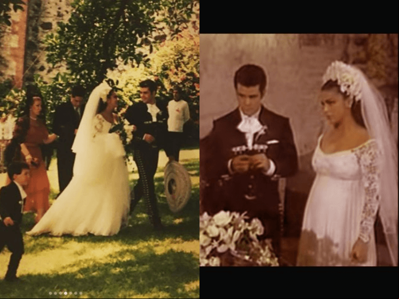 Biby Gaytán y Eduardo Capetillo contrajeron nupcias en junio de 1994. El día del enlace, la actriz no solo lució algunos meses de embarazo, también deslumbró con un holgado vestido de encaje en la parte superior, el cual hizo juego con una corona de flores en su peinado.