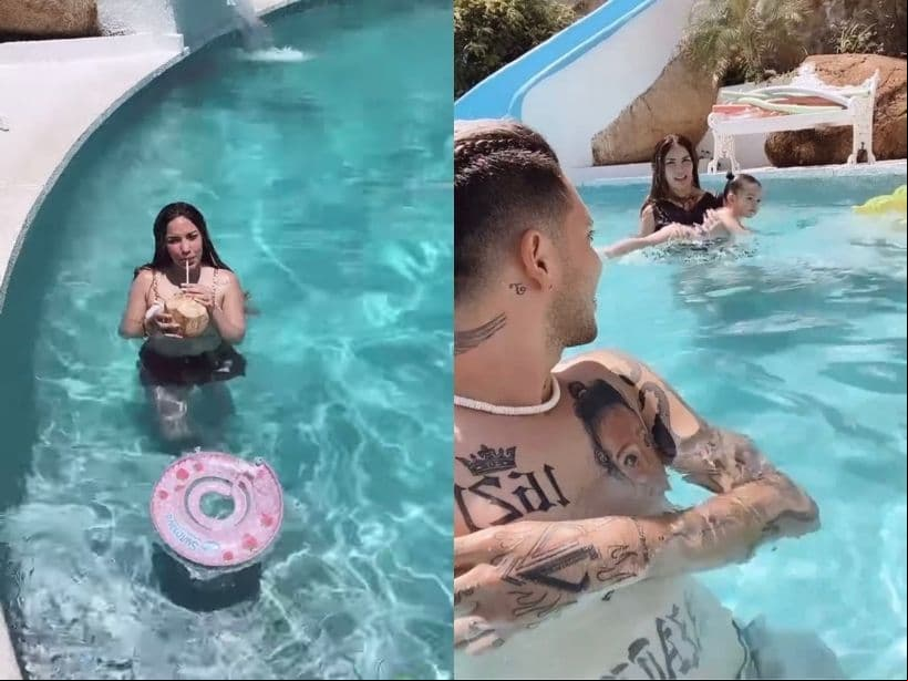 También se dejaron ver en la alberca con su hija Kima, a quien enseñaron a nadar, y hasta disfrutaron de un delicioso coco fresco.