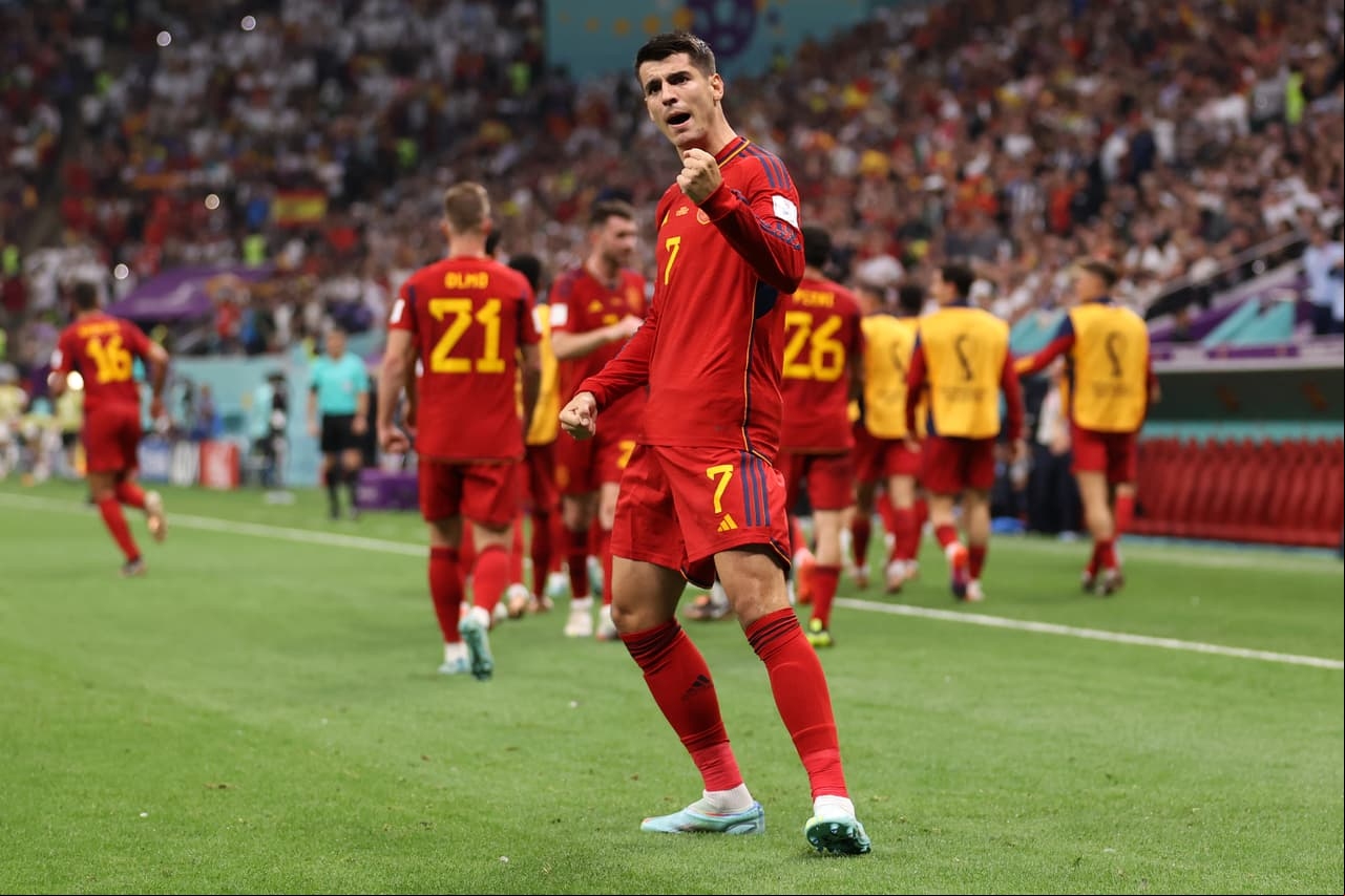 AL KHOR, QATAR - NOVEMBER 27: Alvaro Morata of Spain celebrates their team's first goal during the FIFA World Cup Qatar 2022 Group E match between Spain and  at Al Bayt Stadium on November 27, 2022 in Al Khor, Qatar. (Photo by Catherine Ivill/Getty Images)