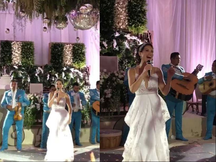 Para amenizar su boda, Bianca sorprendió a sus invitados al tomar el micrófono e interpretar los temas ‘Piel canela’ y ‘Perfidia’.