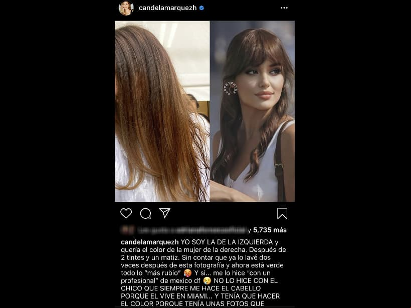 “YO SOY LA DE LA IZQUIERDA y quería el color de la mujer de la derecha. Después de 2 tintes y un matiz, sin contar que ya lo lavé dos veces después de esta fotografía; ahora está verde todo lo ‘más rubio’”, escribió en su perfil social.