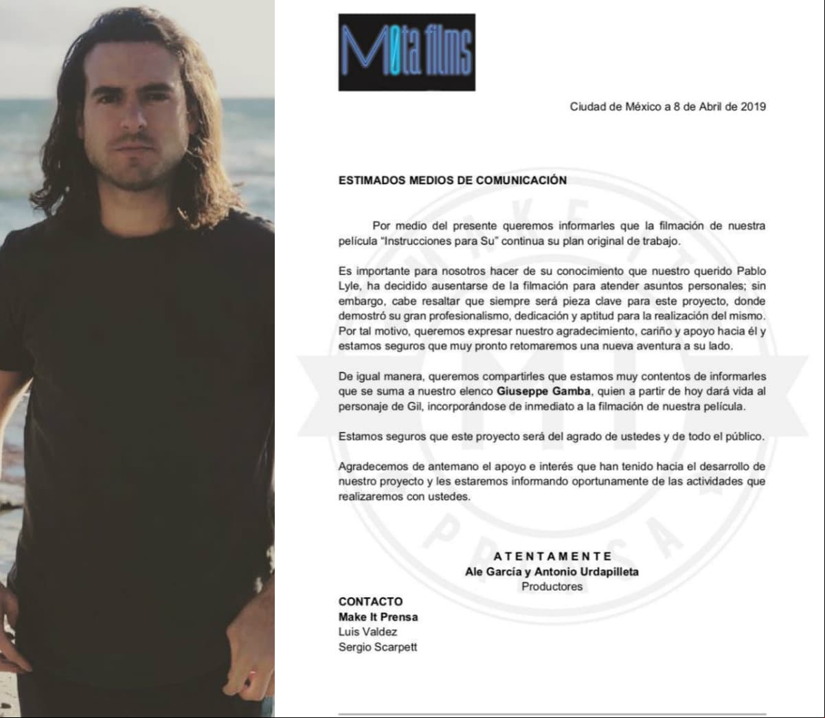 El mismo 8 de abril, la productora de la cinta 'Instrucciones para Su' anunció, a través de un comunicado, que Pablo Lyle decidió dejar la producción para atender asuntos personales, sin embargo, la producción externó en el texto su apoyo y cariño para el actor.