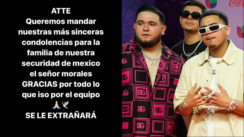 Fuerza Regida emitió un comunicado tras muerte de unos de sus  de seguridad. Crédito: Fuerza Regida/Instagram y Mezcalent
