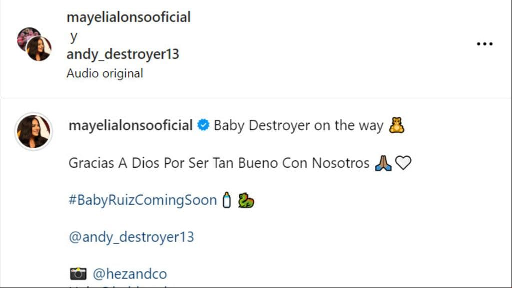 Este es el mensaje que Mayeli Alonso y Andy Ruiz Jr. compartieron para confirmar que ella está embarazada.