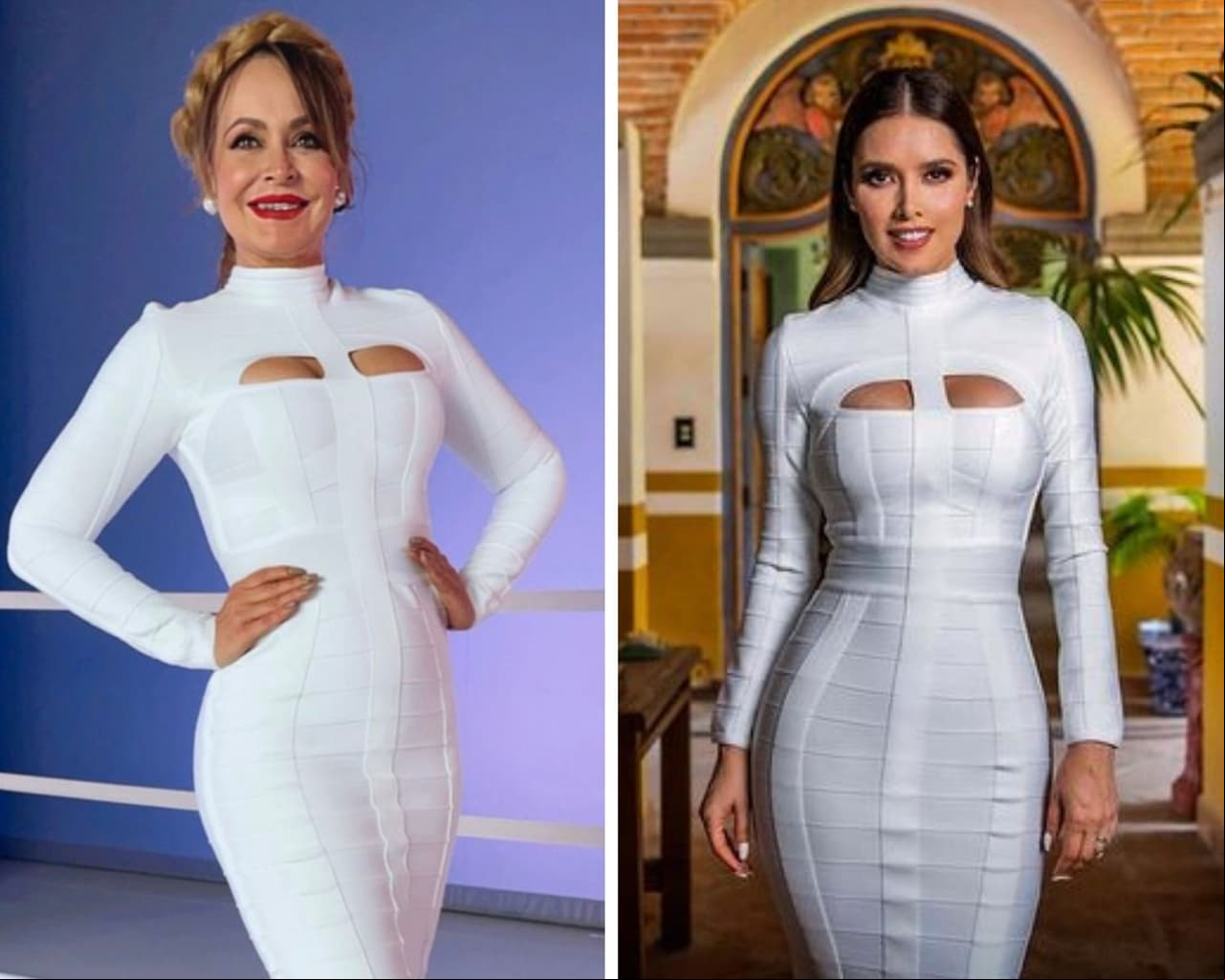 Gaby Spanic y Marlene Favela. Las actrices utilizaron el mismo vestido en estilo bandage en las últimas telenovelas en que participaron; Spanic en 'Si Nos Dejan', que actualmente se transmite por Las Estrellas, y Favela en 'La Desalmada' en 2021.