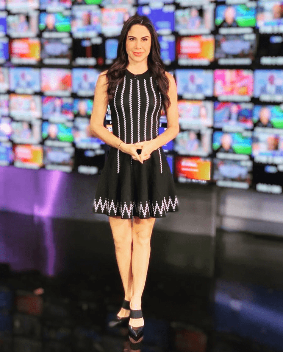 El clóset de la presentadora tiene que ser uno de los más envidiados, pues tiene una gran variedad vestidos de diferentes estilos, como este en corte evasé con el que marca su cadera y la hace ver muy elegante. Muy 
<i>ad hoc</i> para su trabajo en tele.
<br>