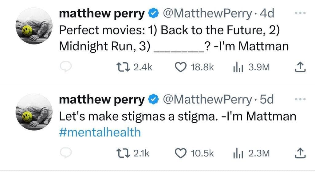 Estos son dos ejemplos de los mensajes que Matthew Perry publicó en redes sociales antes de morir y en los que se nombraba "'Mattman'".