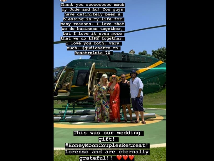 En agosto de ese año, Lorenzo y Chiquis viajaron a Puerto Rico para su luna de miel, donde disfrutaron de un paseo en helicóptero cortesía de unos amigos de la pareja. “Muchas gracias Jude y Lu. Ustedes han sido una bendición en mi vida por muchas razones. Amo hacer negocios juntos, pero amo aún más lo que hacemos juntos”, precisó la cantante en una de sus historias.