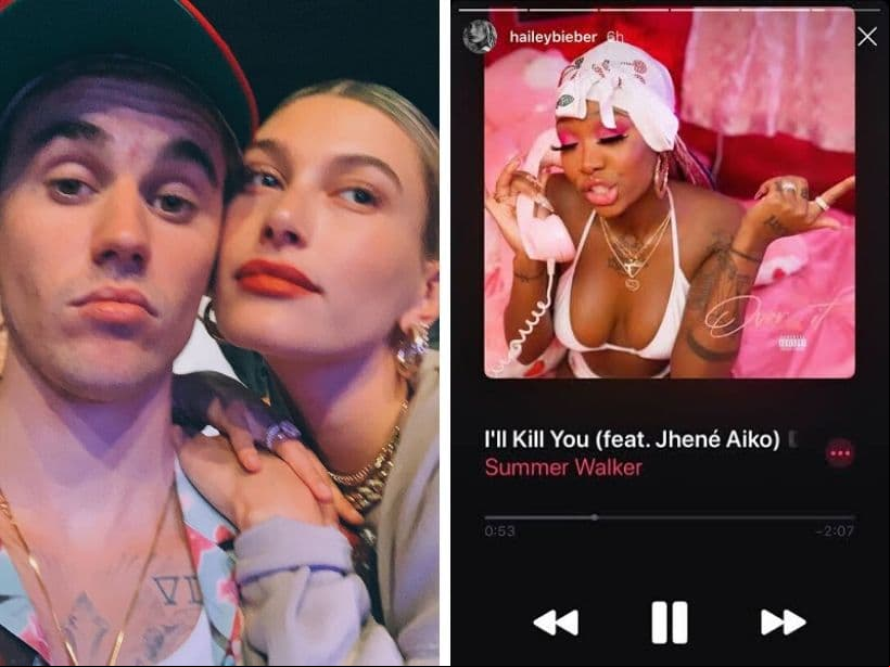 Horas después de este lanzamiento y tras varios insultos recibidos en su perfil oficial de Instagram, Hailey Baldwin publicó la canción ‘I’ll kill you’ (‘Voy a matarte’), tema de la artista estadounidense Summer Walker, que está repleta de amenazas contra las mujeres que tratan de interponerse entre ella y su pareja, avivando aún más la polémica, pues la acción de la modelo fue interpretada por los internautas como “una reacción”.