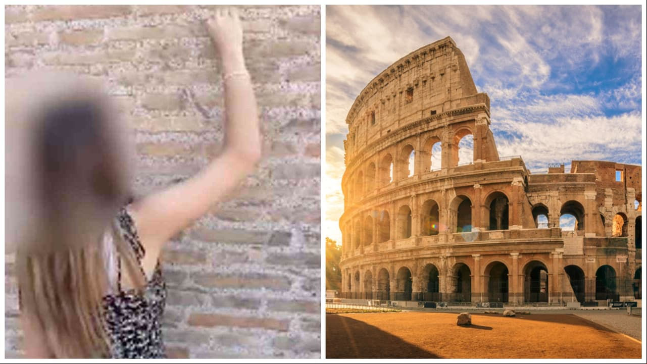 Joven raya coliseo romano y causa indignación.