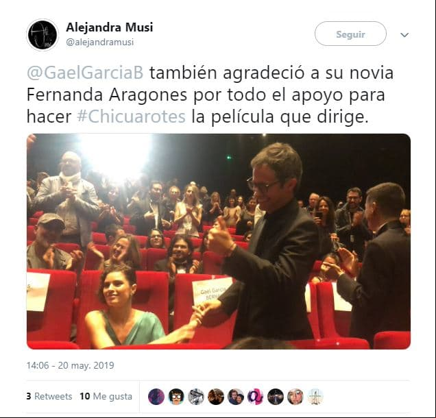 “(Gracias) a mi novia Fernanda, que está por ahí, que me ayudó con la película y por todo”, dijo el director mexicano frente a la audiencia de Cannes, entre los que se encontraban sus compatriotas Diego Luna y Alejandro González Iñárritu.