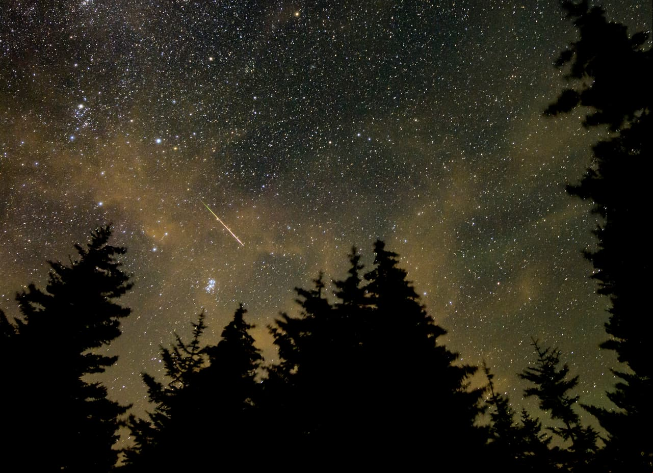 SPRUCE KNOB, WV - AUGUST 11: In this 30 second exposure, a meteor streaks across the sky during the annual Perseid meteor shower, Wednesday, Aug. 11, 2021, in Spruce Knob, West Virginia. (Photo by Bill Ingalls/ NASA via Getty Images)