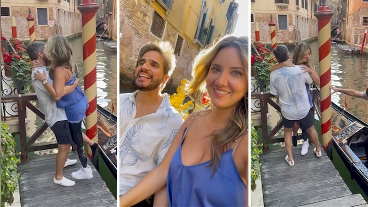 Daniel Arenas carga a Daniella Álvarez para disfrutar de un romántico paseo en góndola