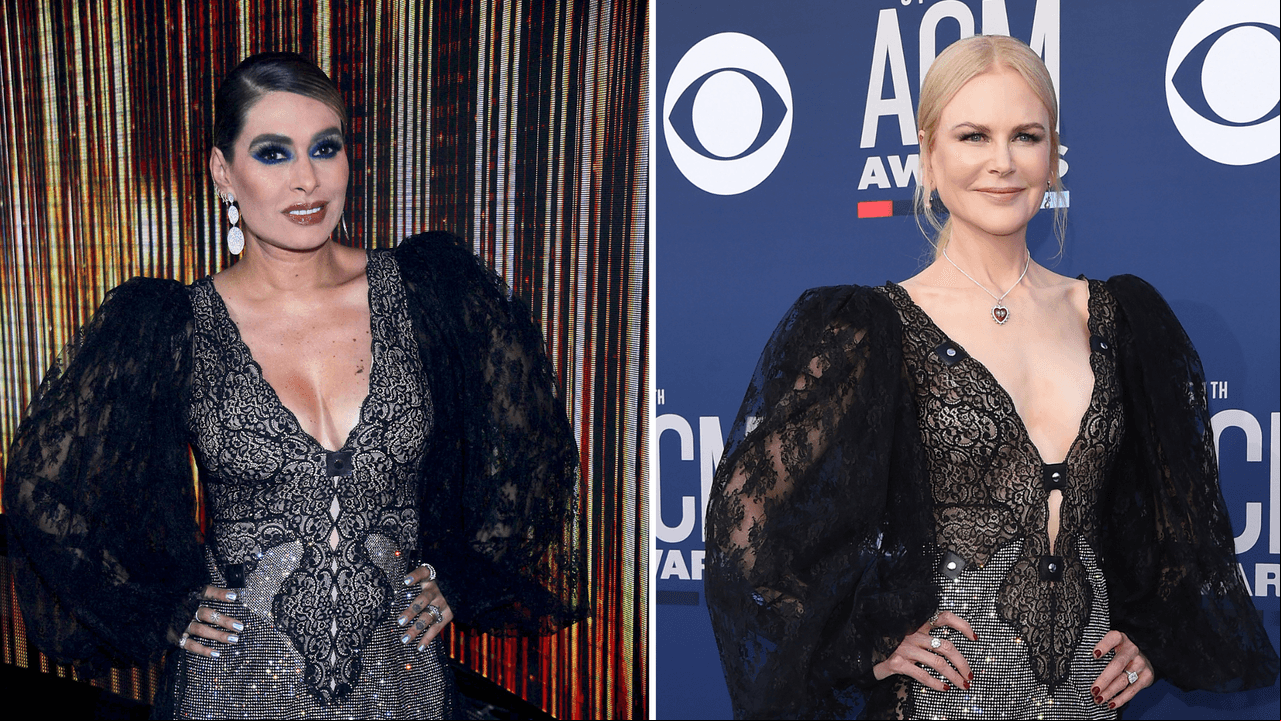 Galilea Montijo y Nicole Kidman. Las estrellas utilizaron el mismo vestido diseñado por el modisto escocés Christopher Kane; Galilea en el estreno de la última temporada de 'Pequeños Gigantes' en septiembre de 2020, y Kidman durante la entrega 54 de los Premios de la Academia de la Música Country en Las Vegas, Nevada, en abril de 2019.