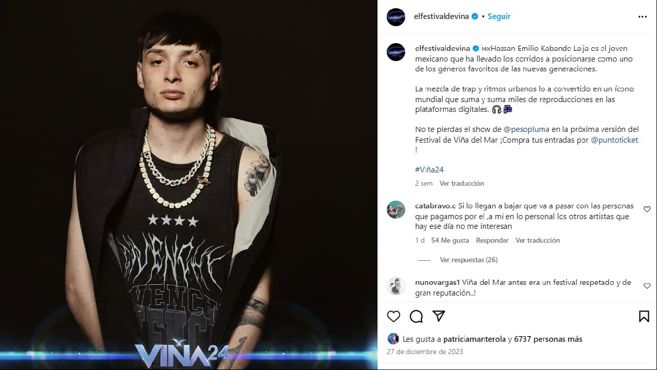 La participación de Peso Pluma en el Festival de Viña del Mar podría ser cancelada