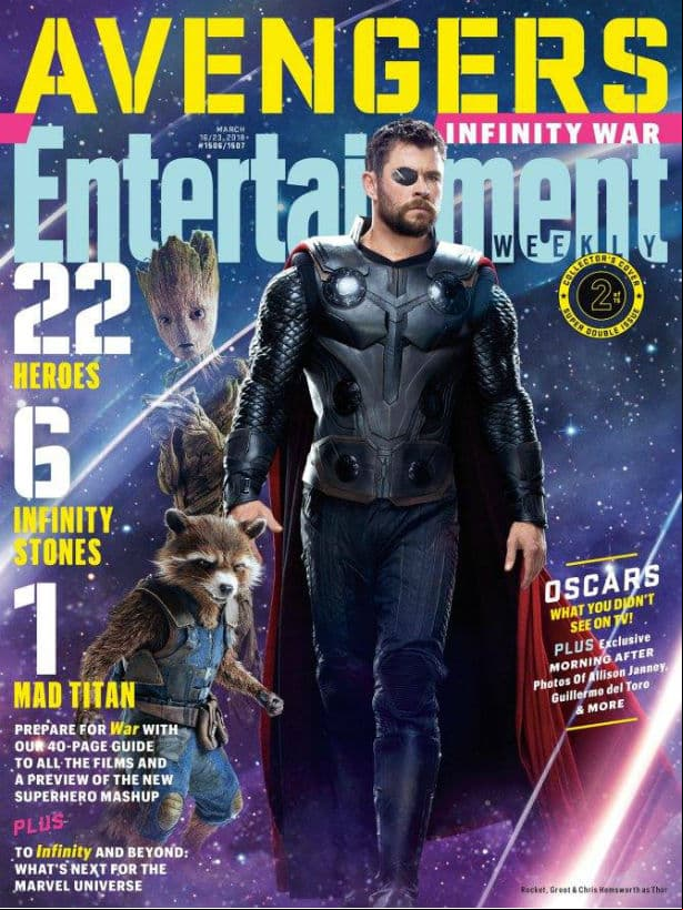 Thor aparece con su nuevo aspecto acompañado por dos Guardianes de la Galaxia, Rocket Racoon y Groot