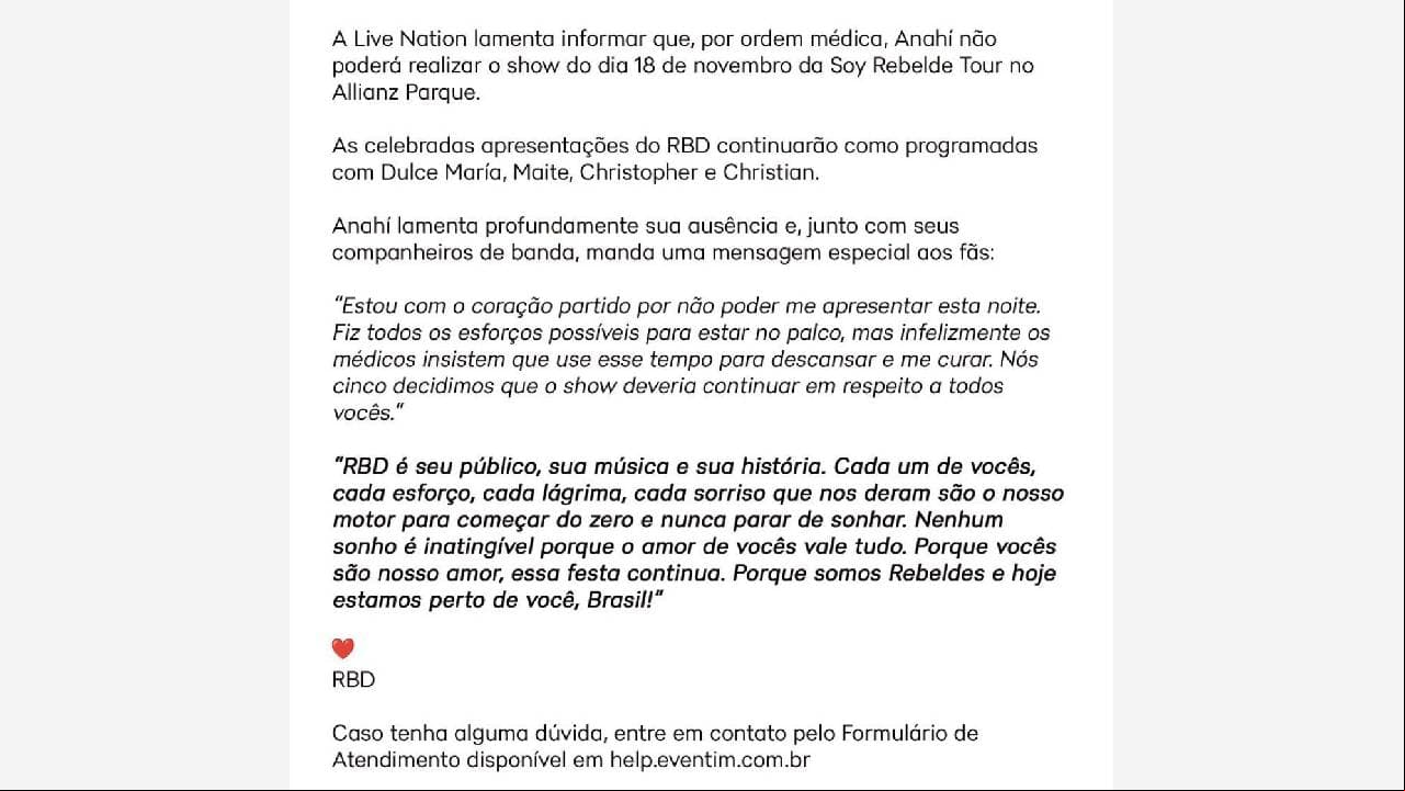 Anahí comunicado estado de salud