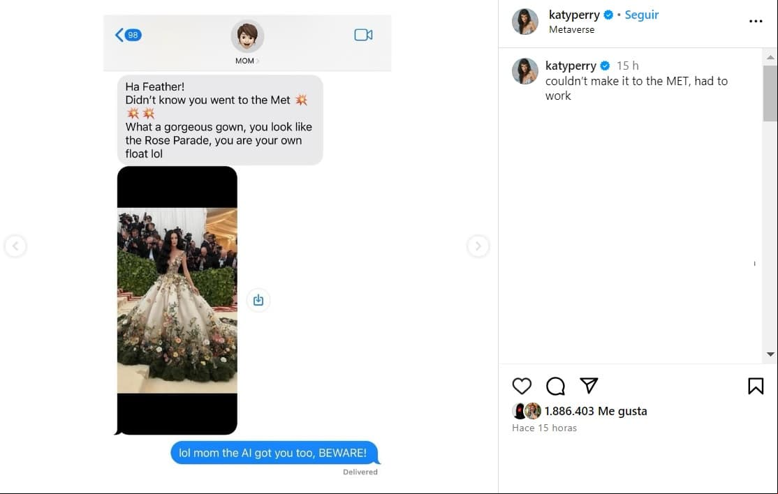 Katy Perry compartió que su mamá sí 'cayó' en las fotografías de ella creadas con IA que la muestran en la Met Gala 2024.