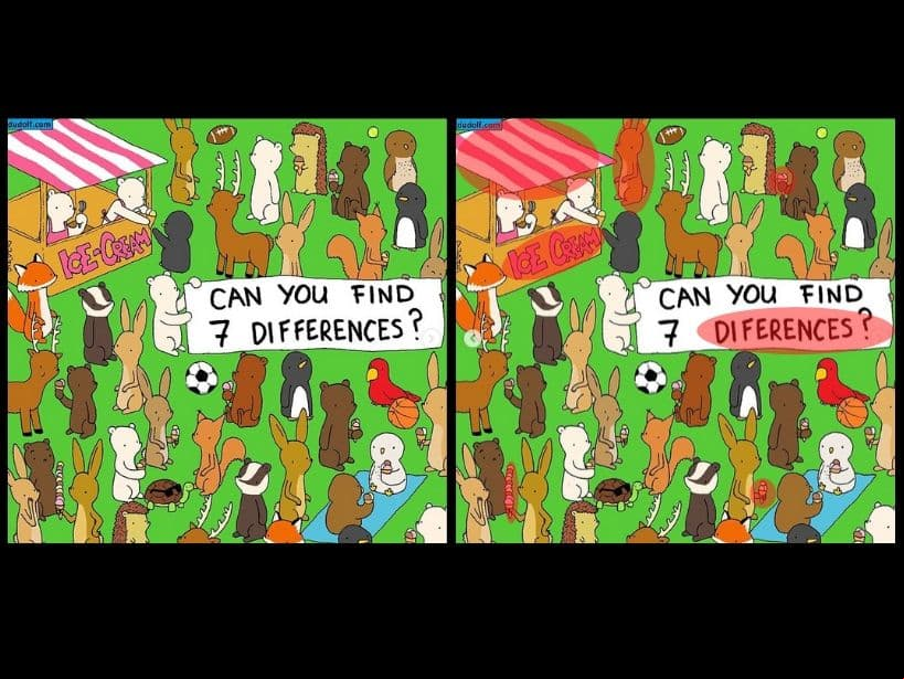 Algunos no eran tan fáciles:
<br>1.- El techo cambia el orden de los colores rojo y blanco.
<br>2.- El conejo de arriba está volteando a otro lado.
<br>3.- La palabra "Differences", tiene una "f".
<br>4.- "Ice-Cream" no tiene "guion" en la palabra.
<br>5.- El helado del oso de arriba no tiene una bola de chocolate.
<br>6.- El conejo de abajo no tiene helado en la primera imagen.
<br>7.- El helado del conejo de la izquierda, tiene un bola menos de nieve. No tiene una bolita de fresa.
