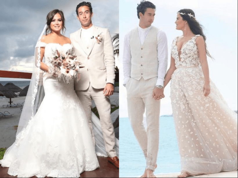 Fue en 2019 cuando Mariana Echeverría y Óscar Jiménez se juraron amor eterno en Puerto Morelos. Para el enlace, la conductora y actriz lució dos vestidos; el primero para la ceremonia religiosa contó con escote de corazón, detalles en flores y unas pequeñas mangas, diseño de Víctor y Jesse. El segundo diseño fue en línea A y un pronunciado escote.