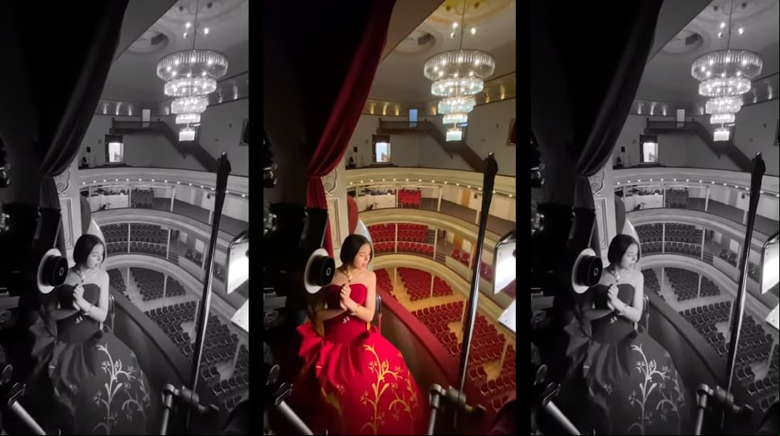 Tras varias horas de grabación, la producción eligió el tercer piso de las butacas del teatro para hacer otras tomas, por ello estaba asegurada por su reboso en caso de algún accidente.
