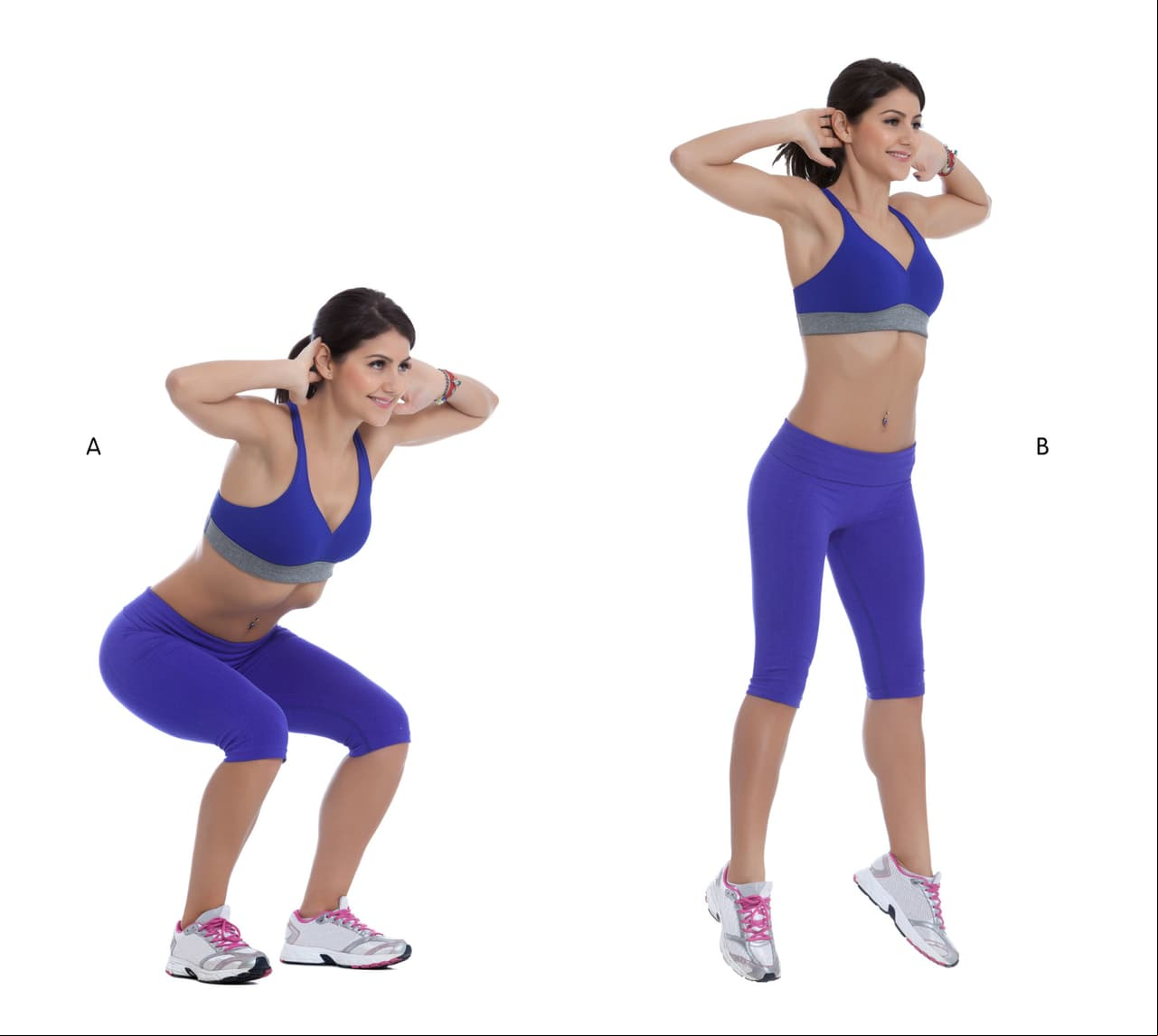 Brinco. Con las piertas abiertas, da un pequeño salto, asegurándote de que tus pies caigan pegados. Vuelve a brincar y baja con una sentadilla. Haz 10 repeticiones de 4 series.